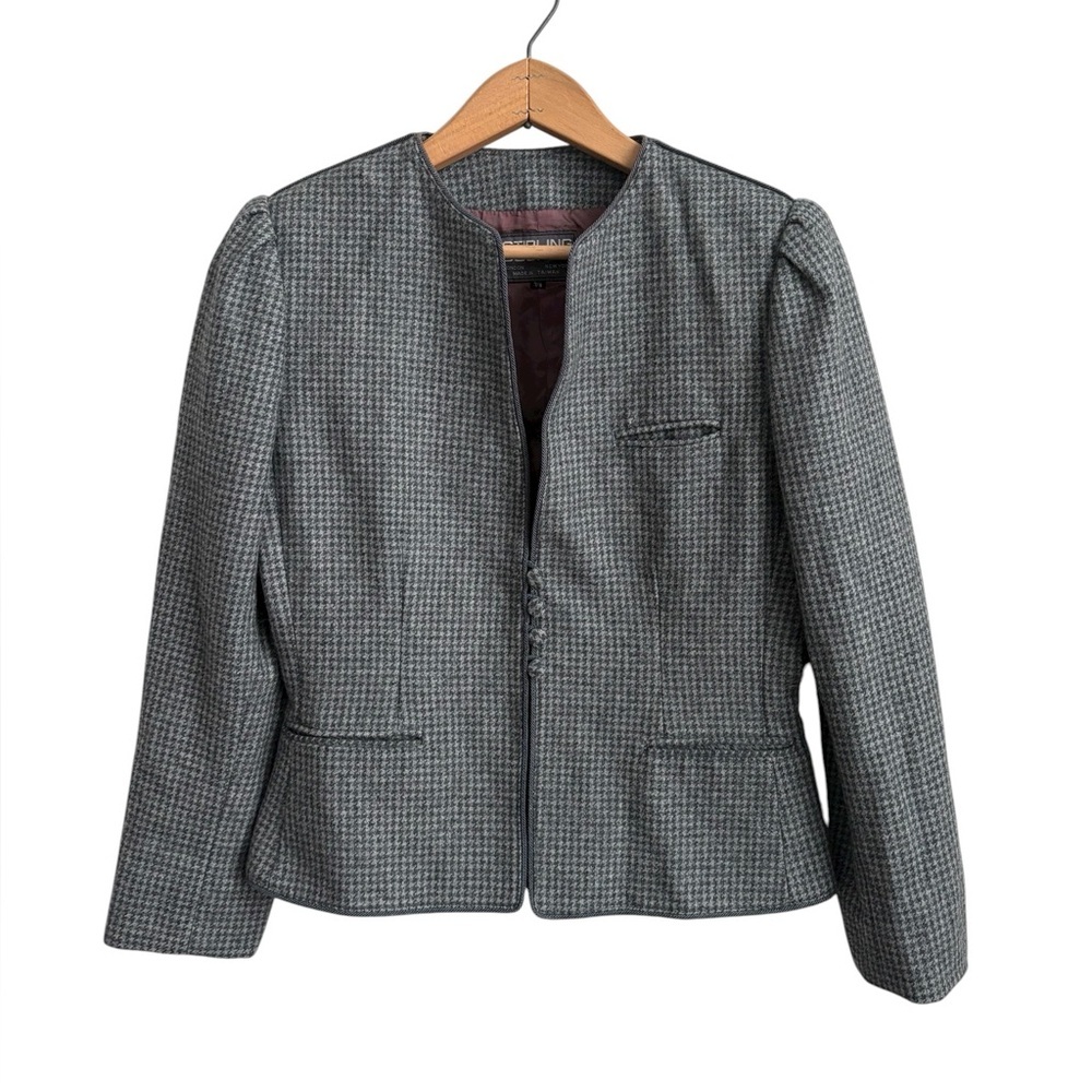 Vintage Stirling Cooper 100% Wool Houndstooth Blazer Puff Shoulder Fitted Jacket